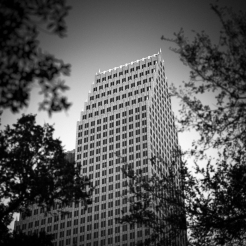 black and white photograph of 700 Louisiana building in downtown Houston, Texas, 2018